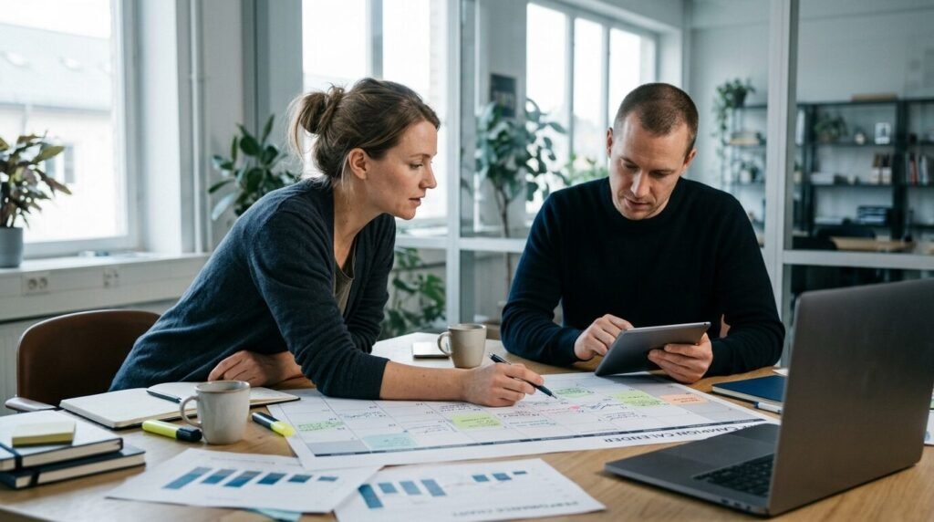 Two marketers reviewing a campaign calendar and sales charts at a desk with a laptop and notes