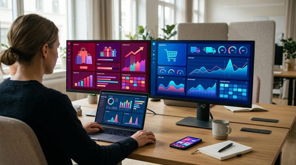 Two marketers planning an affiliate campaign at a desk with laptop, papers, calendar, and product boxes