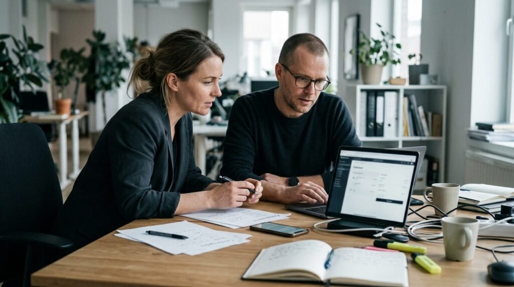 Two coworkers reviewing an online store checkout setup on a laptop with a phone and notes on the desk