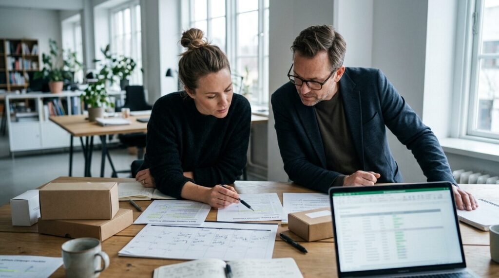 Two marketers reviewing Black Friday affiliate campaign papers at a desk with a laptop and product boxes