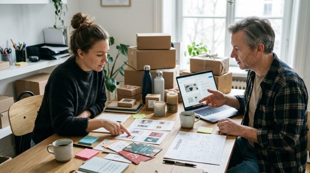 Two people reviewing Christmas gift ideas at a desk with product samples and a calendar