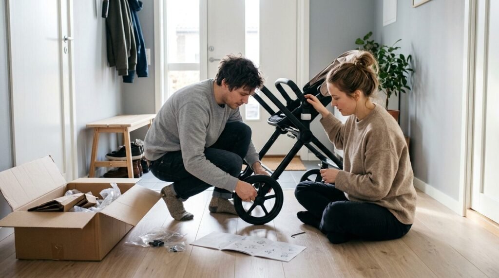 Couple assembling a new baby stroller