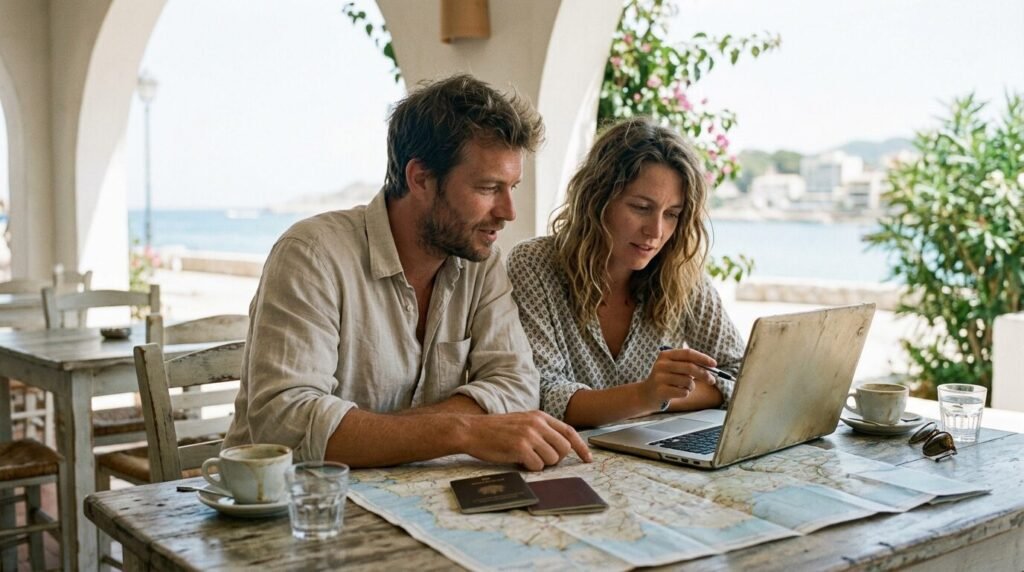 Couple planning a trip at a cafe