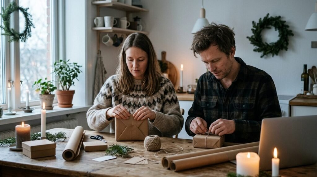 Couple wrapping gifts at a kitchen table