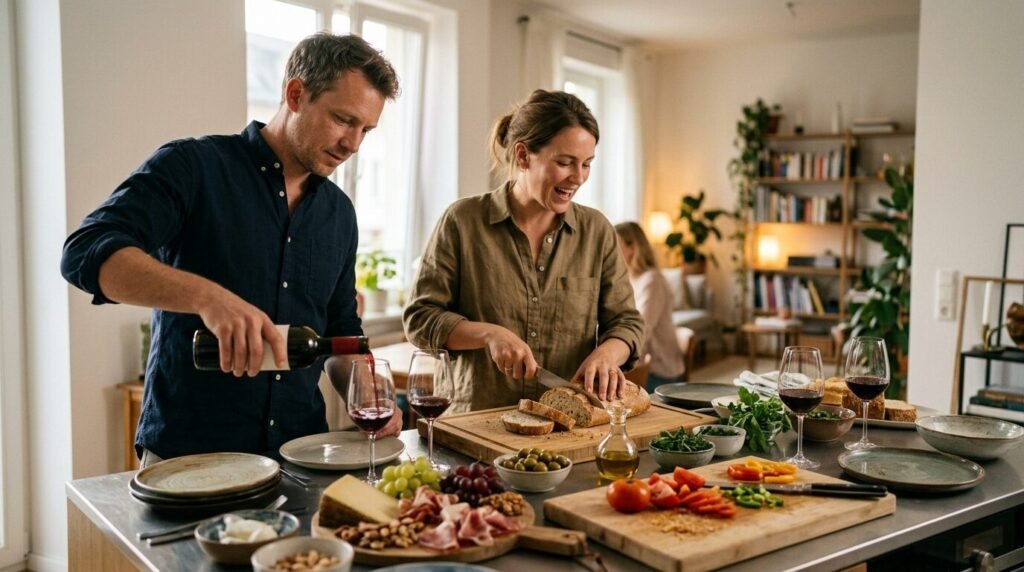 Friends preparing food for a dinner party