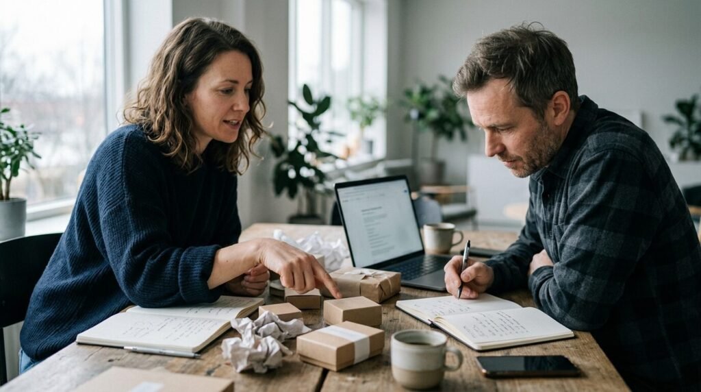Two people reviewing product samples and notes on a desk beside a laptop