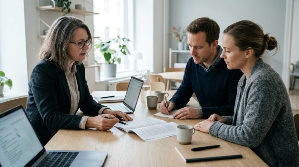Insurance advisor going through a policy document with a couple in a bright office