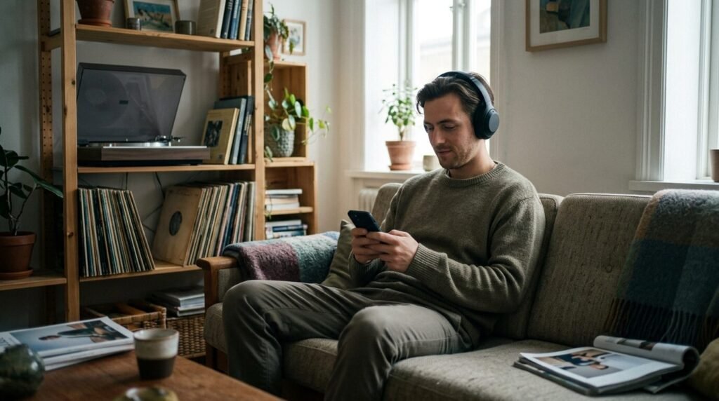 Man listening to music at home