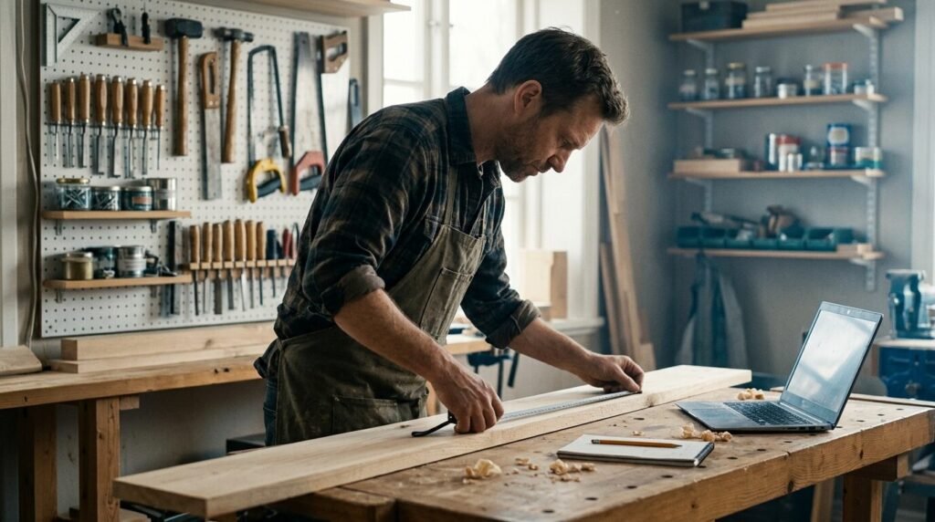 Man measuring wood in a home workshop