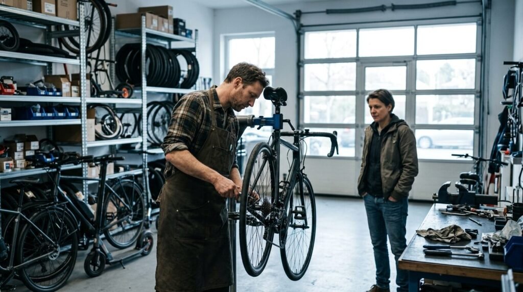 Mechanic checking a road bike in a workshop