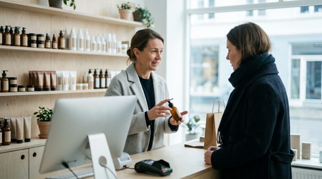 Pharmacist advising a customer on skincare