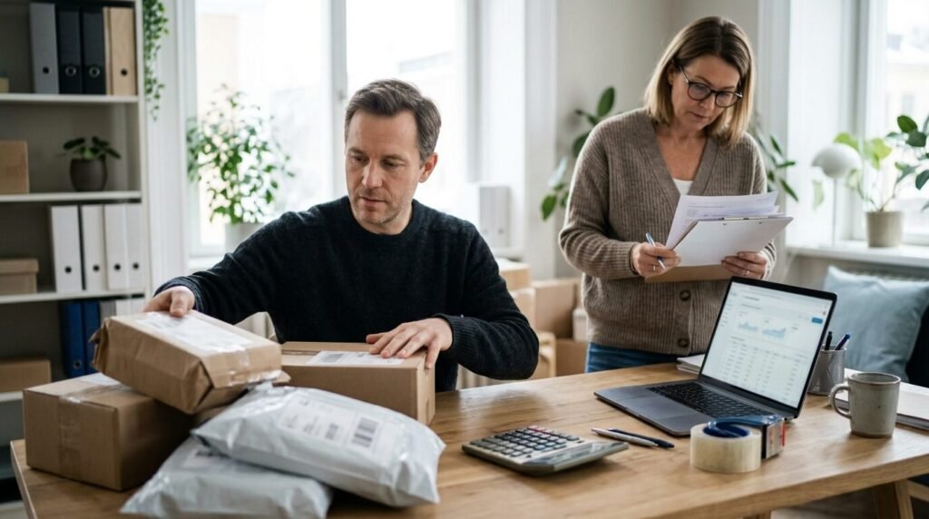 Two people reviewing returned parcels and paperwork at a webshop desk