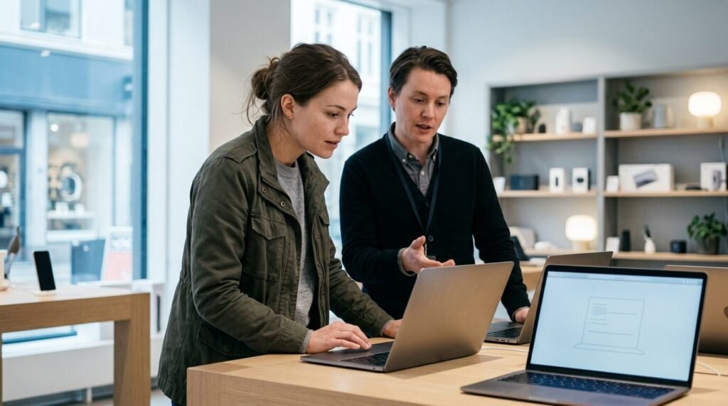 Shop assistant helping a customer compare laptops