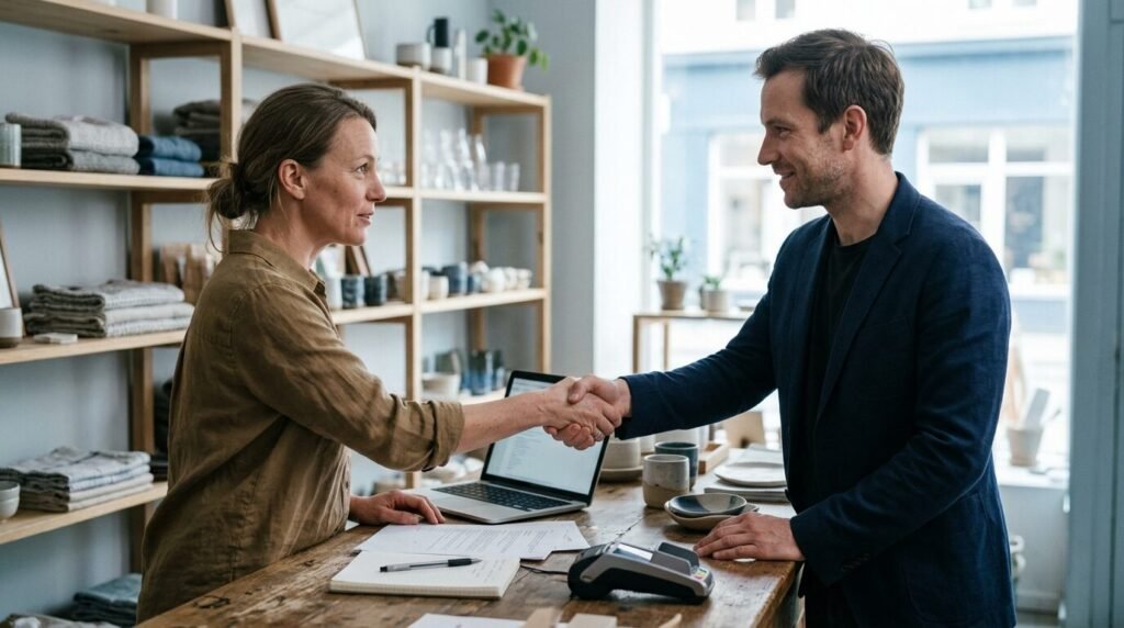 Shop owner and consultant shaking hands