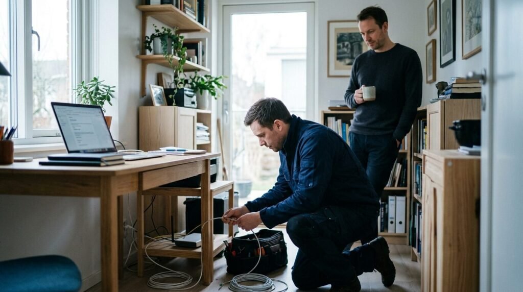 Technician installing a home internet router