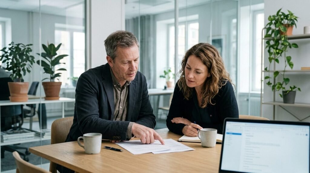 Two business people discussing a proposal