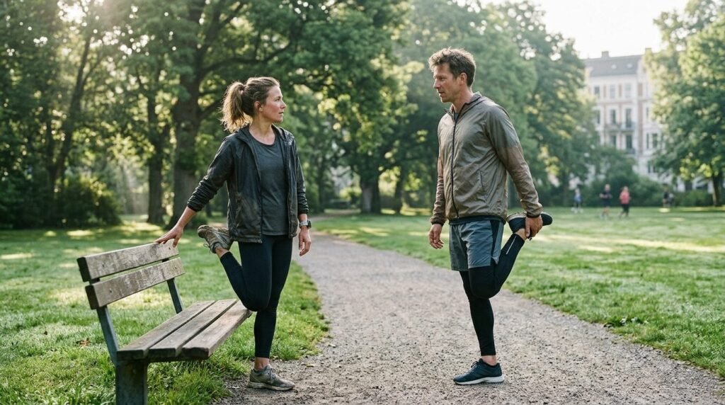 Two runners stretching in a city park