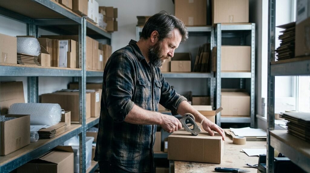 Webshop owner packing a parcel
