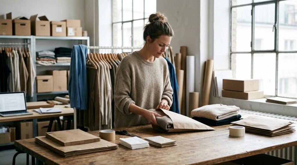 Woman packing fashion orders in a studio