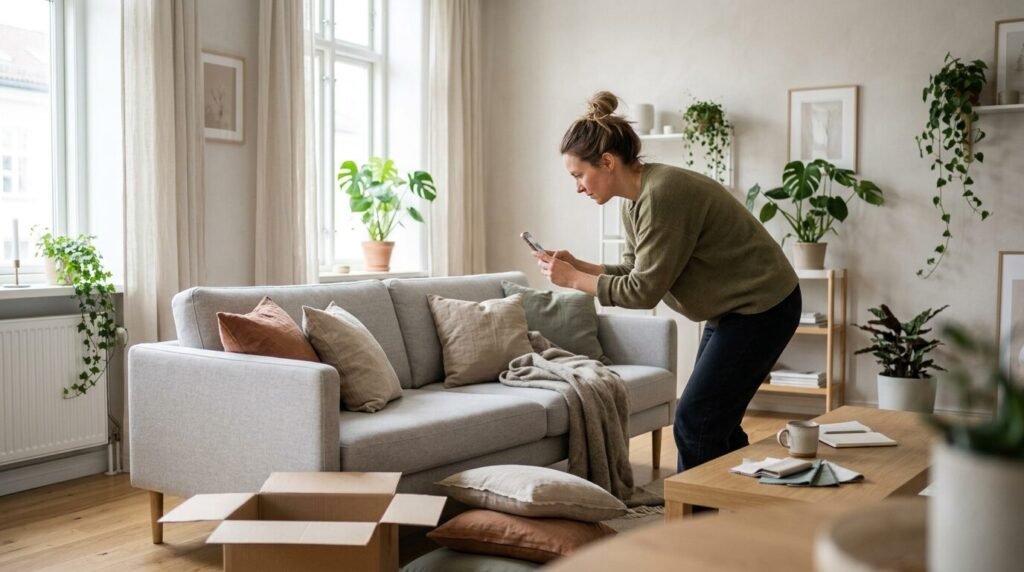 Woman styling a living room for a webshop photo