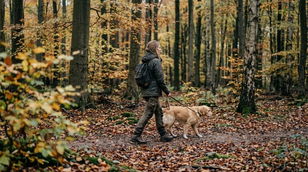 Woman walking her dog on a forest trail