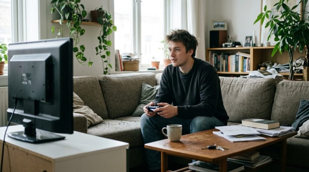 Young man playing a video game at home